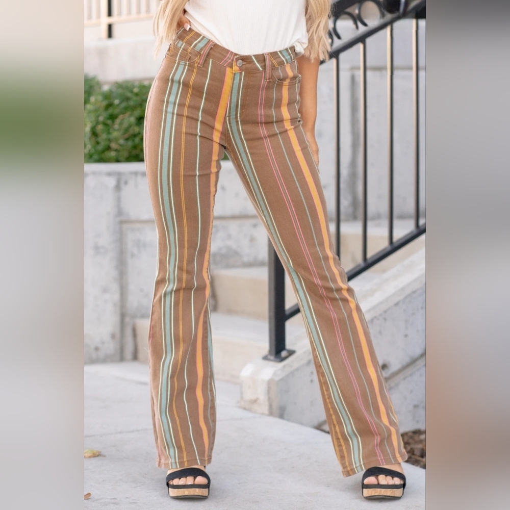 Judy Blue Mid Rise Classic Flare Jeans Retro Tan Blue Striped Stretch 1/25 - Picture 10 of 12